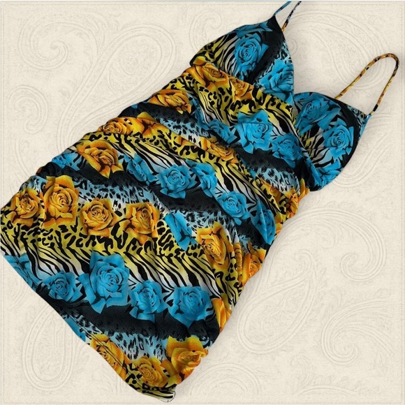 Y2K floral animal print ruched mini dress size Large - Picture 4 of 5